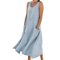 Ženska ljetna kantalna haljina modne ležerne pune boje bez rukava pamučna posteljina duga haljina nebo