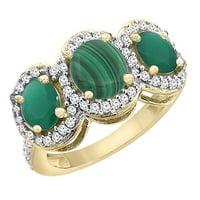 14k žuto zlato prirodni malahit i smaragd 3-kameni prsten Ovalni dijamantski naglasak, Veličina 6