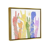 Stupell Industries Rainbow Peace Love Careing ručni znakovi ASL metalik zlato uokvireno plutajućim platnenim zidom Art, 16x20
