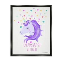 Stupell Industries Unicorn At Heart Phrase Pastel Purple Hearts Pattern Graphic Art Jet Black Floating