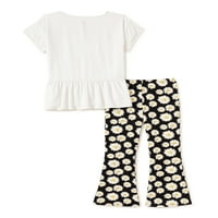 Wonder Nation Girls Peplum Baby Doll Top i široke pantalone za noge sa gumicom, 3-dijelni komplet odjeće,