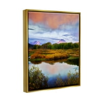 Stupell Industries Cloudy Pond Mountain Peaks Coastal Photography Gold Floater Framered Art Print Wall