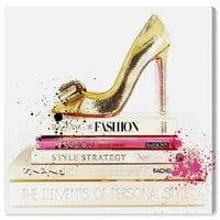 Wynwood Studio Fashion and Glam Wall Art Canvas Prints' Gold Shoe and Fashion Books ' Shoes-Gold, Pink