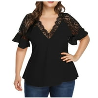 Ženske košulje modne žene plus veličina šifon V-izrez čipkasti patchwork majica kratki rukav na vrhu crne