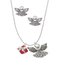 Delight nakit Silvertone mali 3-D crveni poklon Bo sa mašnom srebrni ton Anđeo Čuvar ogrlica i naušnice