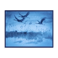Designart' Cranes In Flight During Blue Evening Light ' Tradicionalni Uramljeni Platneni Zidni Print