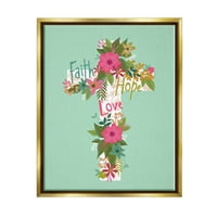 Stupell Industries Faith Hope Love Floral Cross Religious Painting Gold Floater Framered Art Print Wall