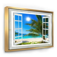 Designart 'prozor otvoren za plažu s palmom' izuzetno velika Obala uokvirena platnena Umjetnost